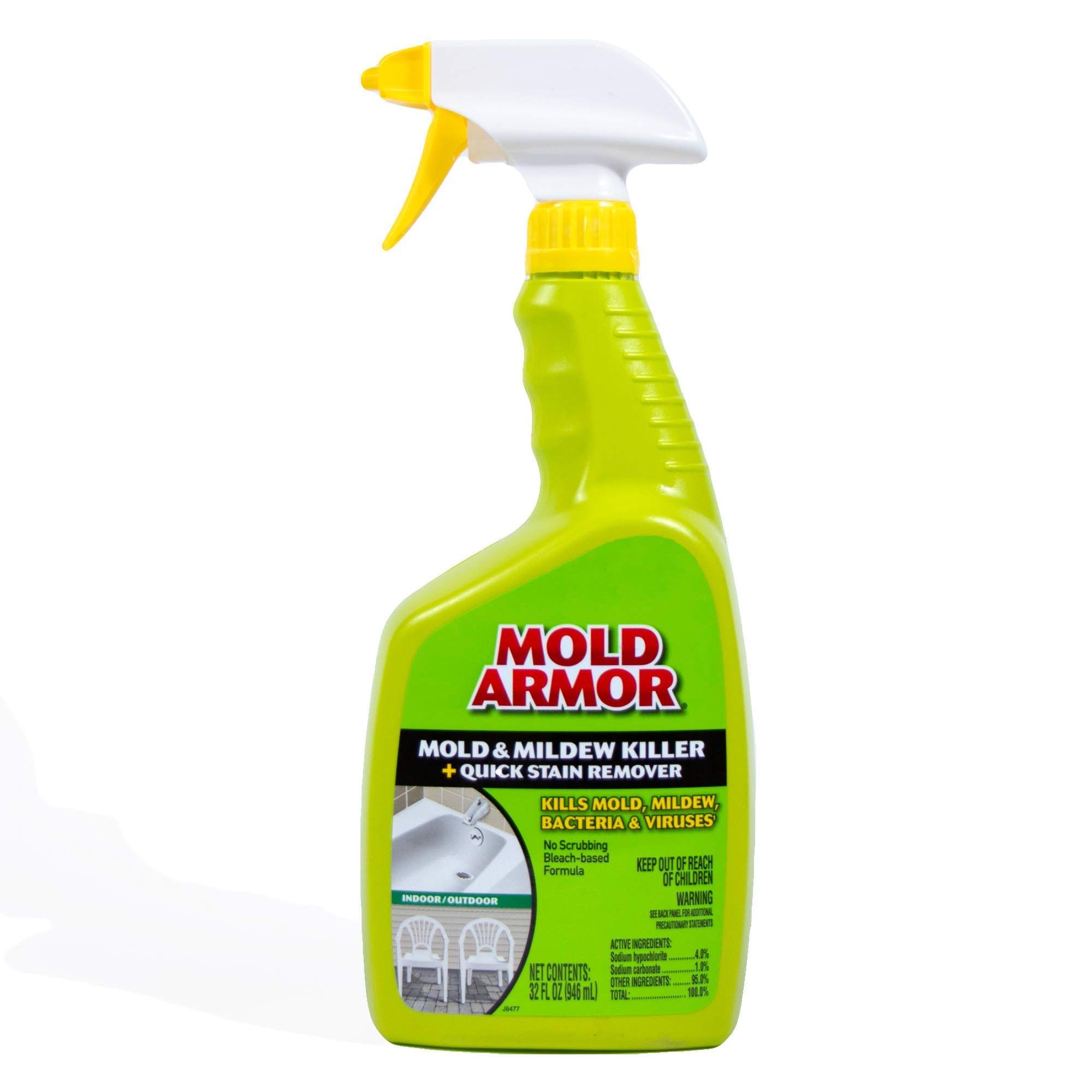 MOLD ARMOR Quick Stain Remover + Mold and Mildew Killer, 32 oz., Trigger Spray Bottle, Eliminates 99.9% of Household Bacteria and Viruses, Ideal Bathroom Mold and Mildew Remover