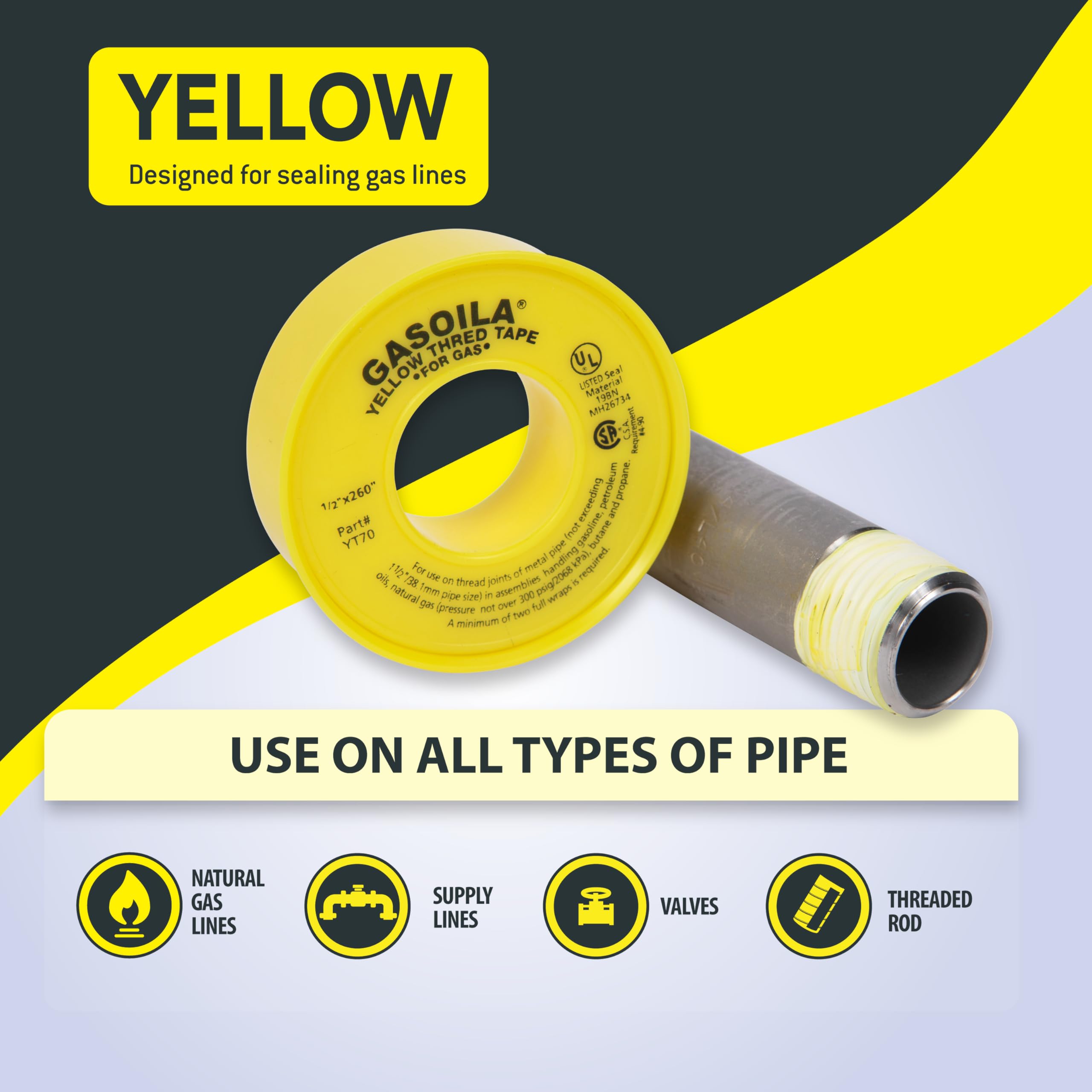 Gasoila PTFE Yellow Thread Seal Tape – Professional-Grade, 1/2 Inch x 260 Inch, High-Density Thread Tape for Gas Lines– Leak-Proof Seal, Non-Toxic