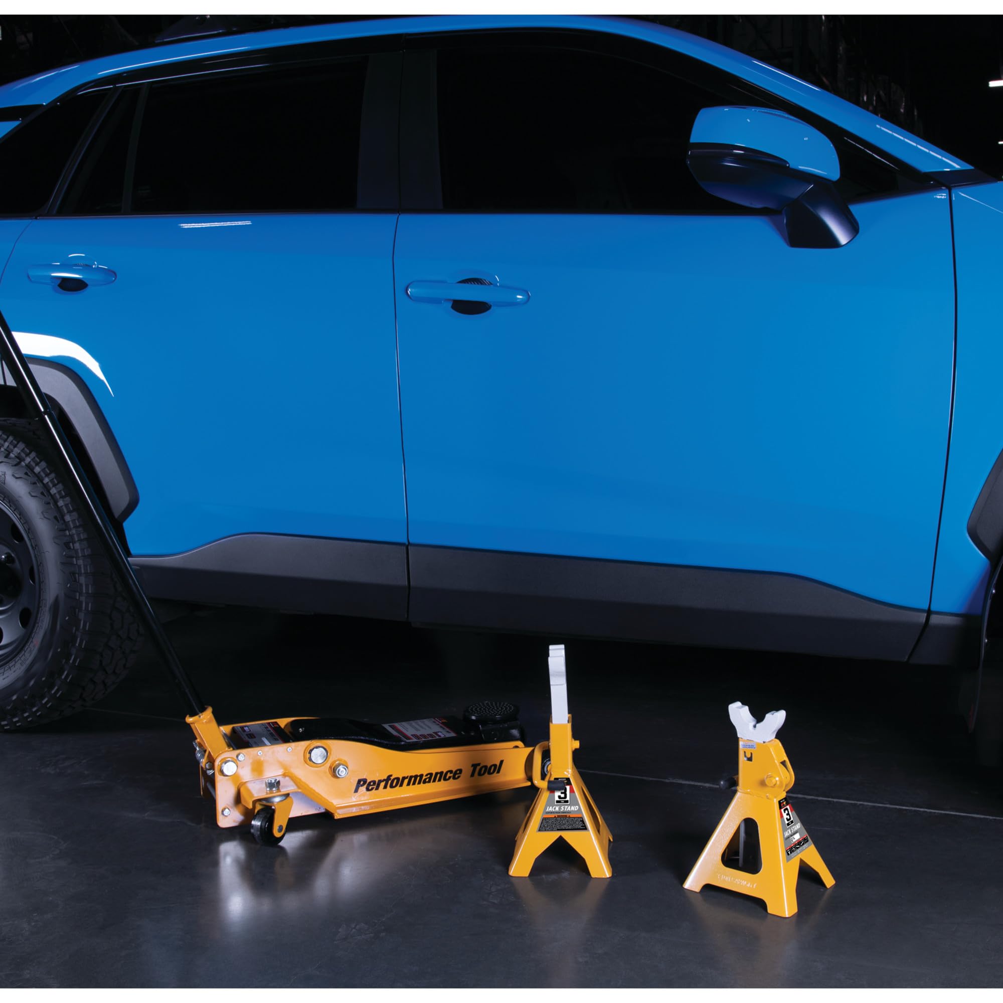 W41022 Performance Tool Ratchet Style Jack Stand Set for Lifting Vehicles During Maintenance, Yellow, 3-Ton