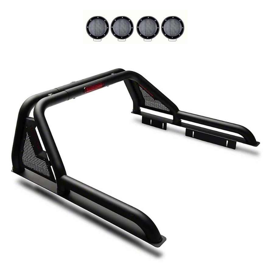 Gladiator Roll Bar Black Horse Incl. Set of 5.3" Dia.Led Lights w/Black Trim Ring Modular Black Compatible with 2015-2024 GMC Canyon|2015-2024 Chevrolet Colorado|2015-2024 Toyota Tacoma-GLRB-03B-PLFB