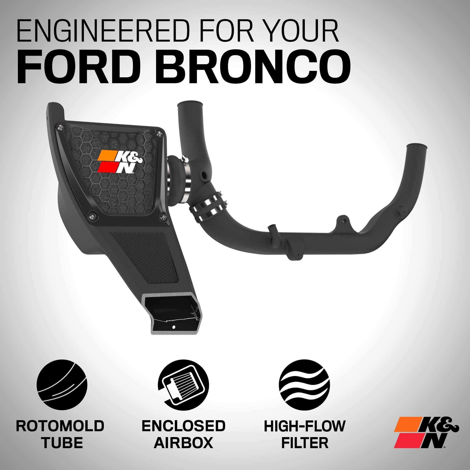 Cold Air Intake System K&N: High-Flow Air Filter, Increase Performance & Towing: Compatible with 2021-2024 FORD: Bronco, 63-2619