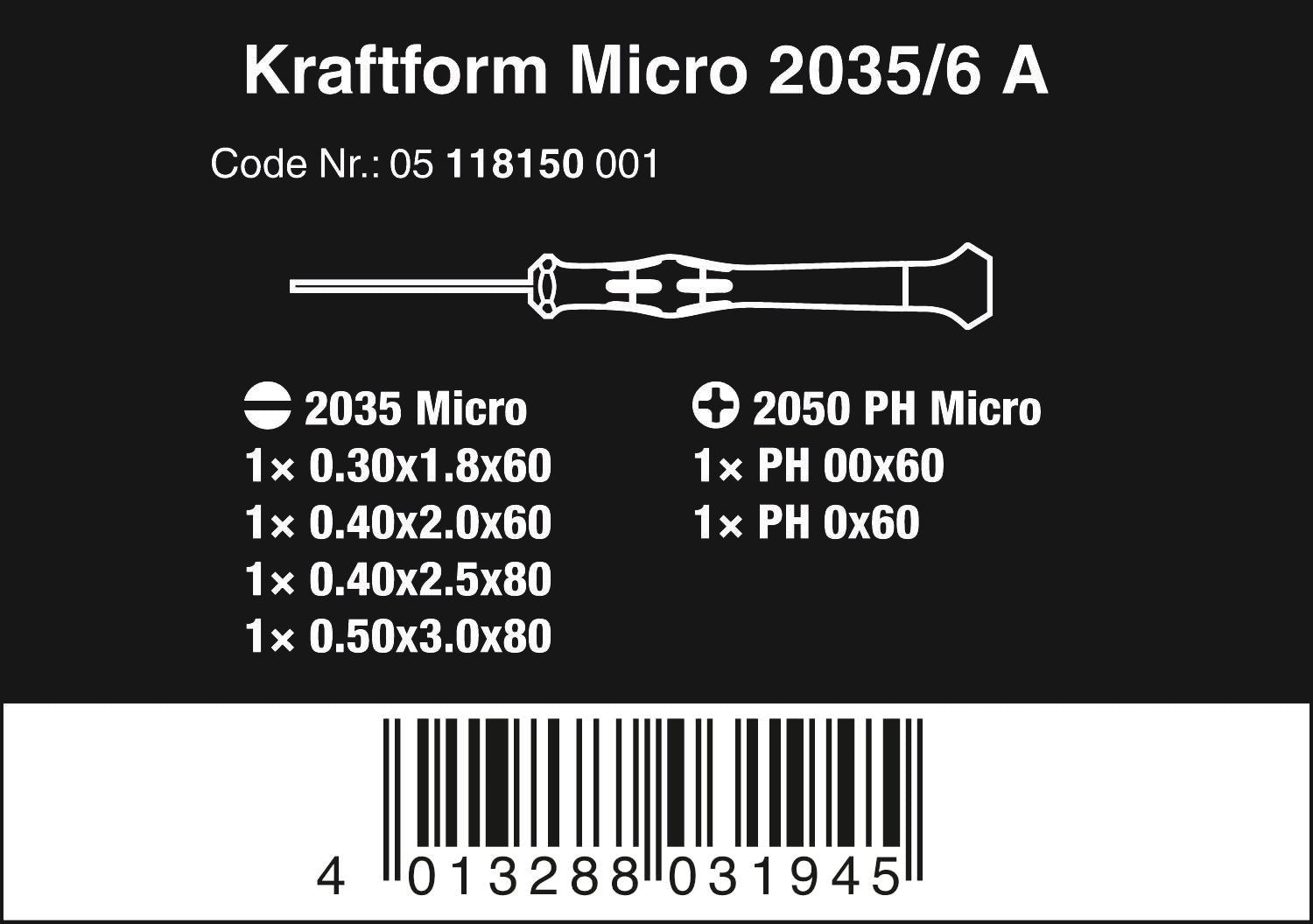 Wera - 2035/6 A Kraftform Micro Slotted/Phillips Electronics Screwdriver Set and Rack, Multi, 6-Pieces