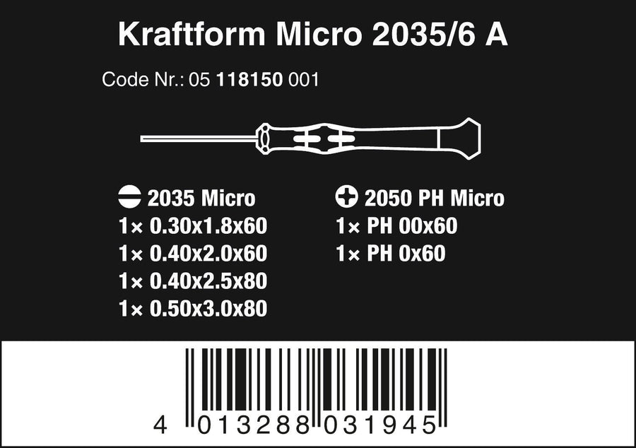Wera - 2035/6 A Kraftform Micro Slotted/Phillips Electronics Screwdriver Set and Rack, Multi, 6-Pieces