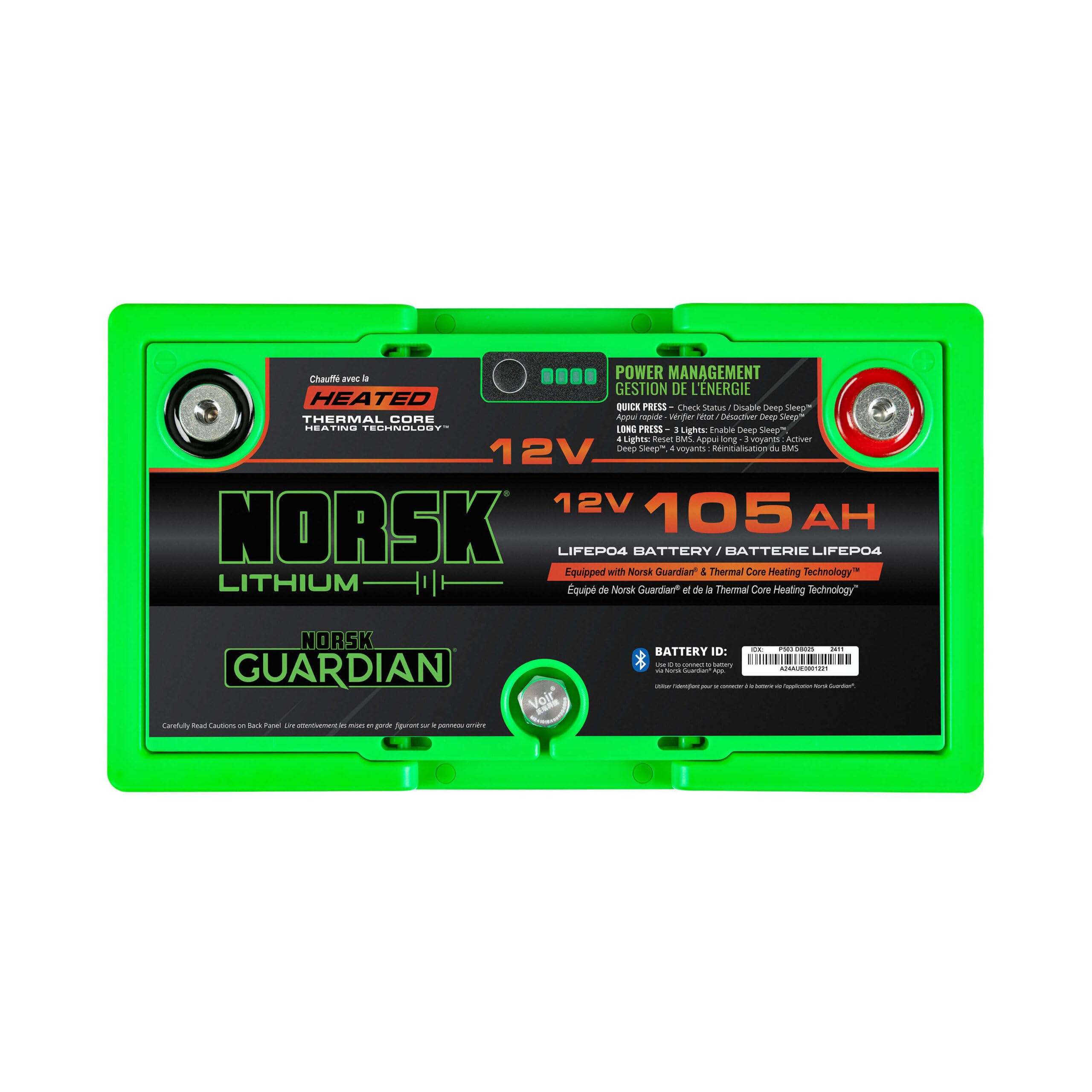 12V Norsk Lithium 105Ah Heated LiFEPO4 Deep Cycle Marine Lithium Battery | Bluetooth | Deep Sleep | IP67 Waterproof | Thermal Core Heating Technology | 10+2 Year Warranty
