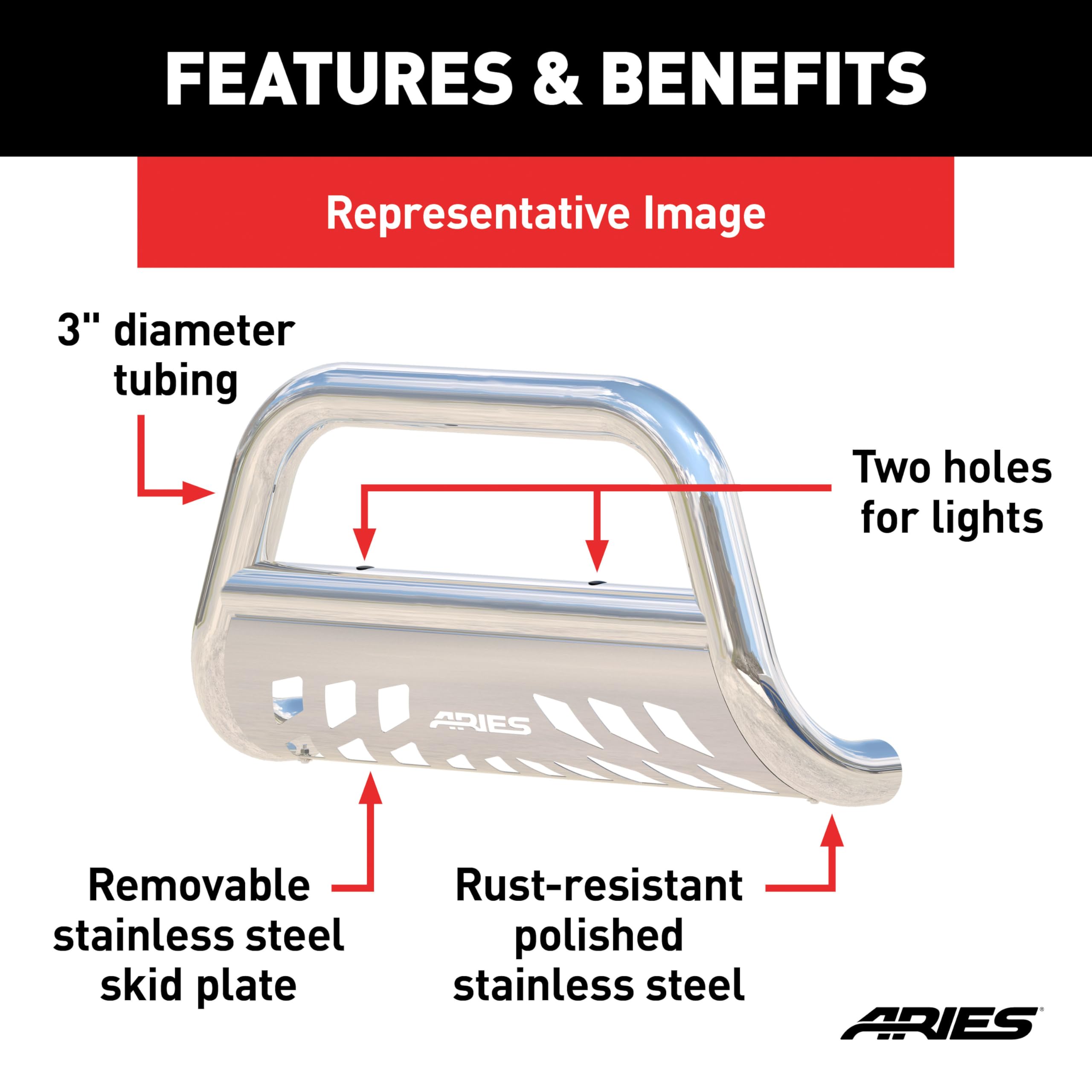 3-Inch ARIES Polished Stainless Steel Bull Bar, No-Drill, Select Chevrolet Avalanche, Silverado, Suburban, GMC Sierra, Yukon XL