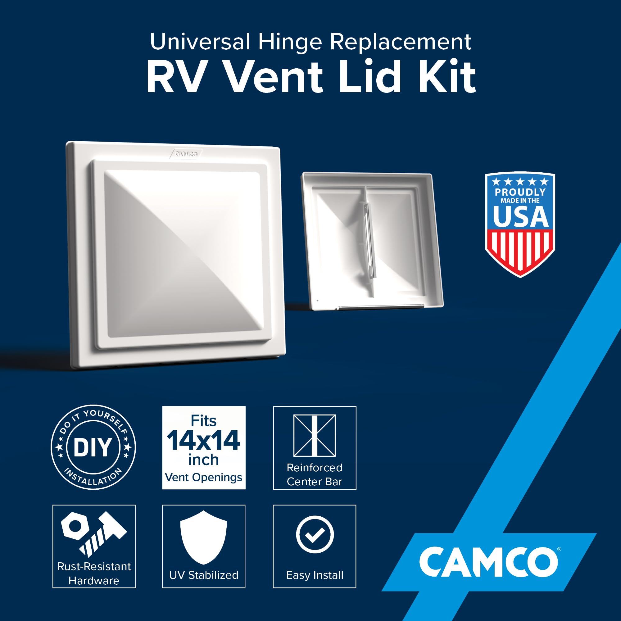 Camco RV Universal Roof Vent Replacement Kit — Fits Standard 14" x 14" Vent Openings – Works with Jensen, Ventline, and Elixir Models – Includes 3 Hardware Options (40195)