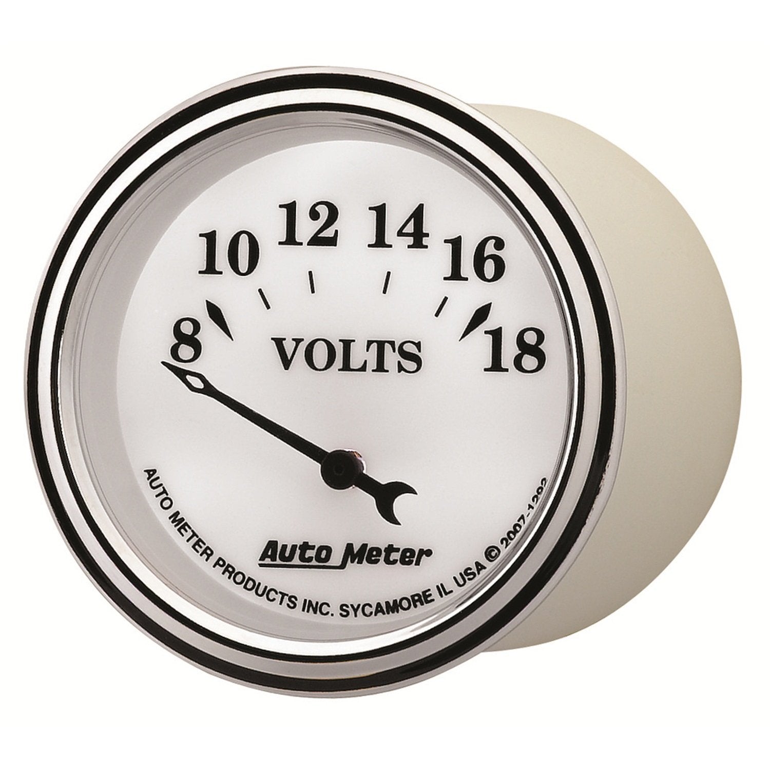 Auto Meter 1292 White II Old Tyme 2-1/16" 8-18 Volt Short Sweep Electric Voltmeter Gauge
