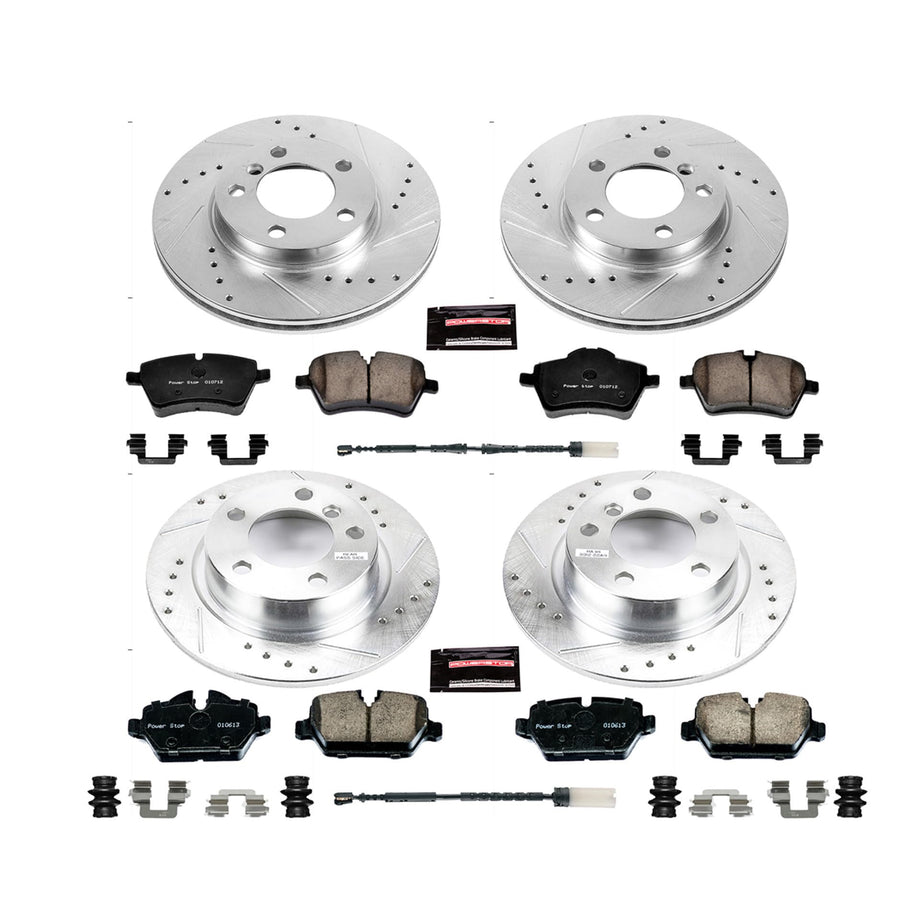 Power Stop K6663 Z23 Carbon Fiber Brake Pads Front and Rear with Drilled & Slotted Brake Rotors Kit and 1 Front & 1 Rear Sensor Wires For Mini Cooper Countryman, Mini Cooper Paceman [Model Specific]