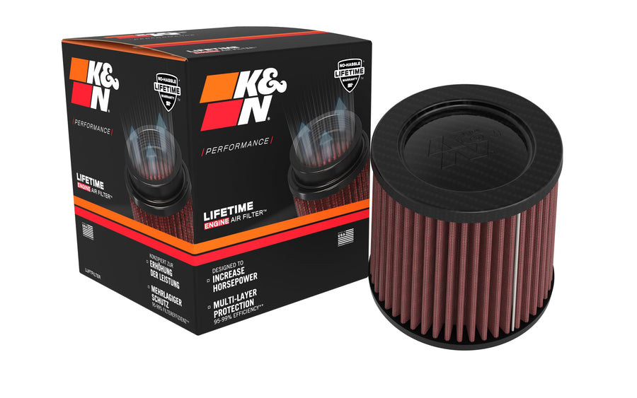 K&N High-Flow Original Lifetime Universal Air Filter, Clamp-On, Carbon Fiber Top, Flange Diameter: 2.75 In, Filter Height: 5.0 In, Flange Length: 0.75 In, Shape: Tapered Conical, RP-3221