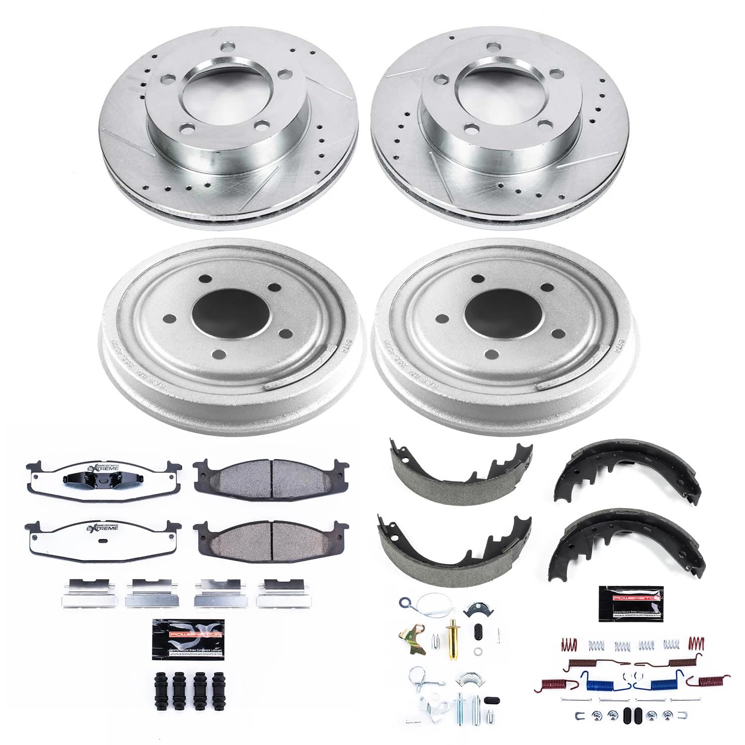 Power Stop K15093DK-36 Z36 Truck & Tow Front and Rear Brake Kit, Carbon Fiber Ceramic Brake Pads and Drilled/Slotted Brake Drums For Ford F-150 1994-1996 [Model Specific]