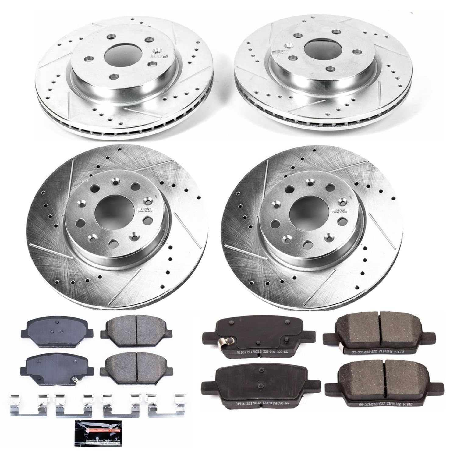 Power Stop K7296 Z23 Carbon Fiber Brake Pads Front and Rear with Drilled & Slotted Brake Rotors Kit For Chevrolet Camaro 2016-2021 [Model Specific]