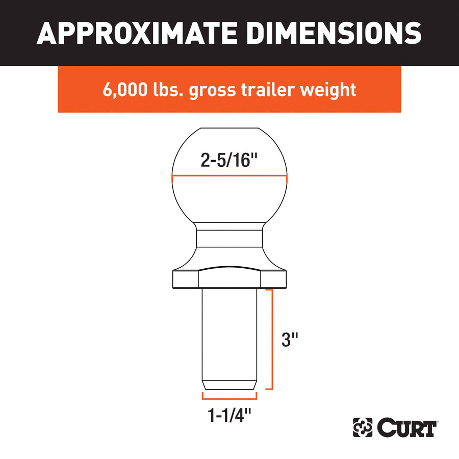 CURT 40076 Trailer Hitch Ball Chrome, 6,000 lbs, 2-5/16-Inch Diameter, 1-1/4 x 3-Inch Shank