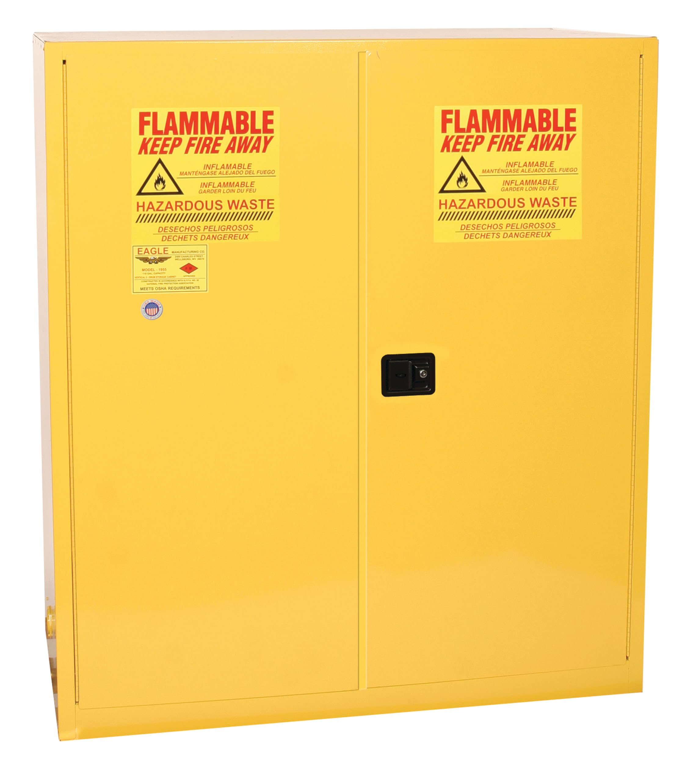 110 Gallon Eagle Haz-Mat Safety Cabinet, Two Drum Vertical, 1 Shelf, 2 Door Manual Close, Yellow, HAZ1955X