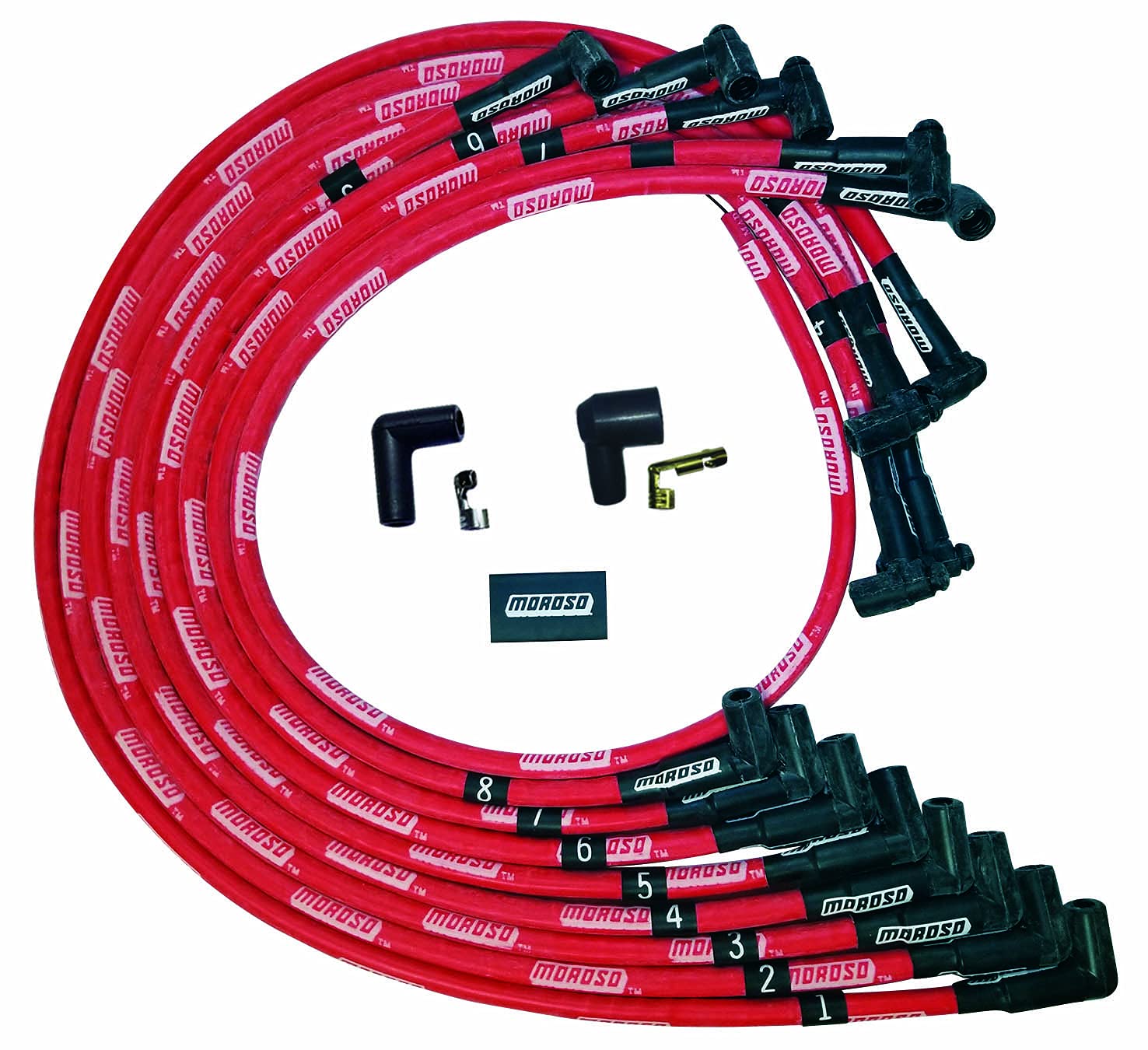Moroso Ultra Series 52528 Sleeved Red Spark Plug Wires, Small Block Chevy, Under Header Routing, 90 Degree Plug Ends, HEI Distributor