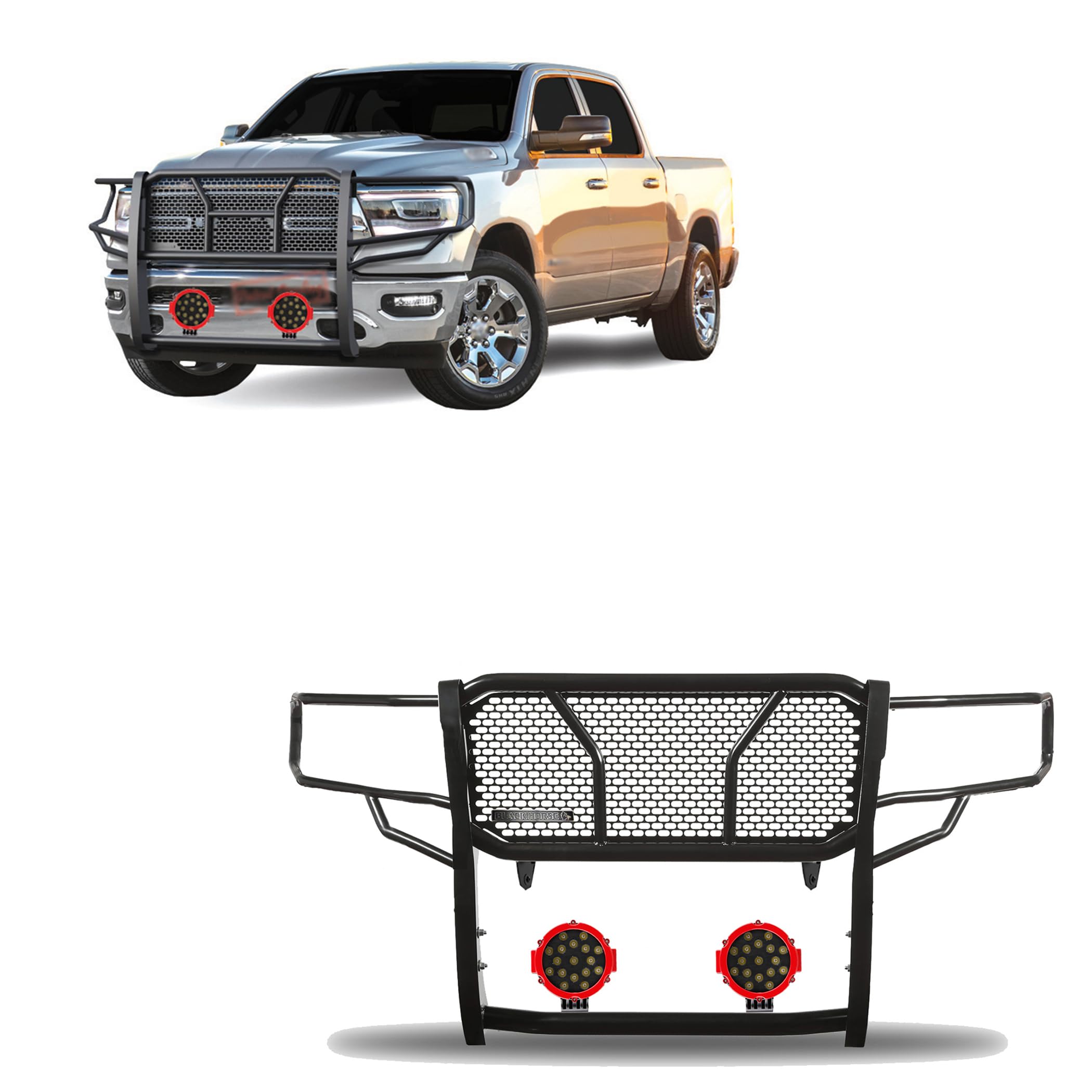 Heavy Duty Black Horse Rugged Grille Brush Bumper Guard Modular Come with Pair of 7.0" Dia.LED Lights with Red Trim Rings Compatible with 2019-2025 Ram 1500-RU-DORA19-B-PLR