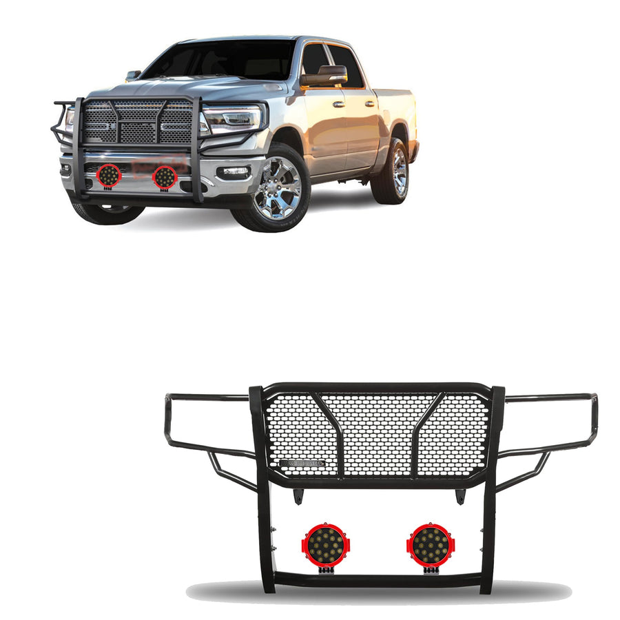 Heavy Duty Black Horse Rugged Grille Brush Bumper Guard Modular Come with Pair of 7.0" Dia.LED Lights with Red Trim Rings Compatible with 2019-2025 Ram 1500-RU-DORA19-B-PLR