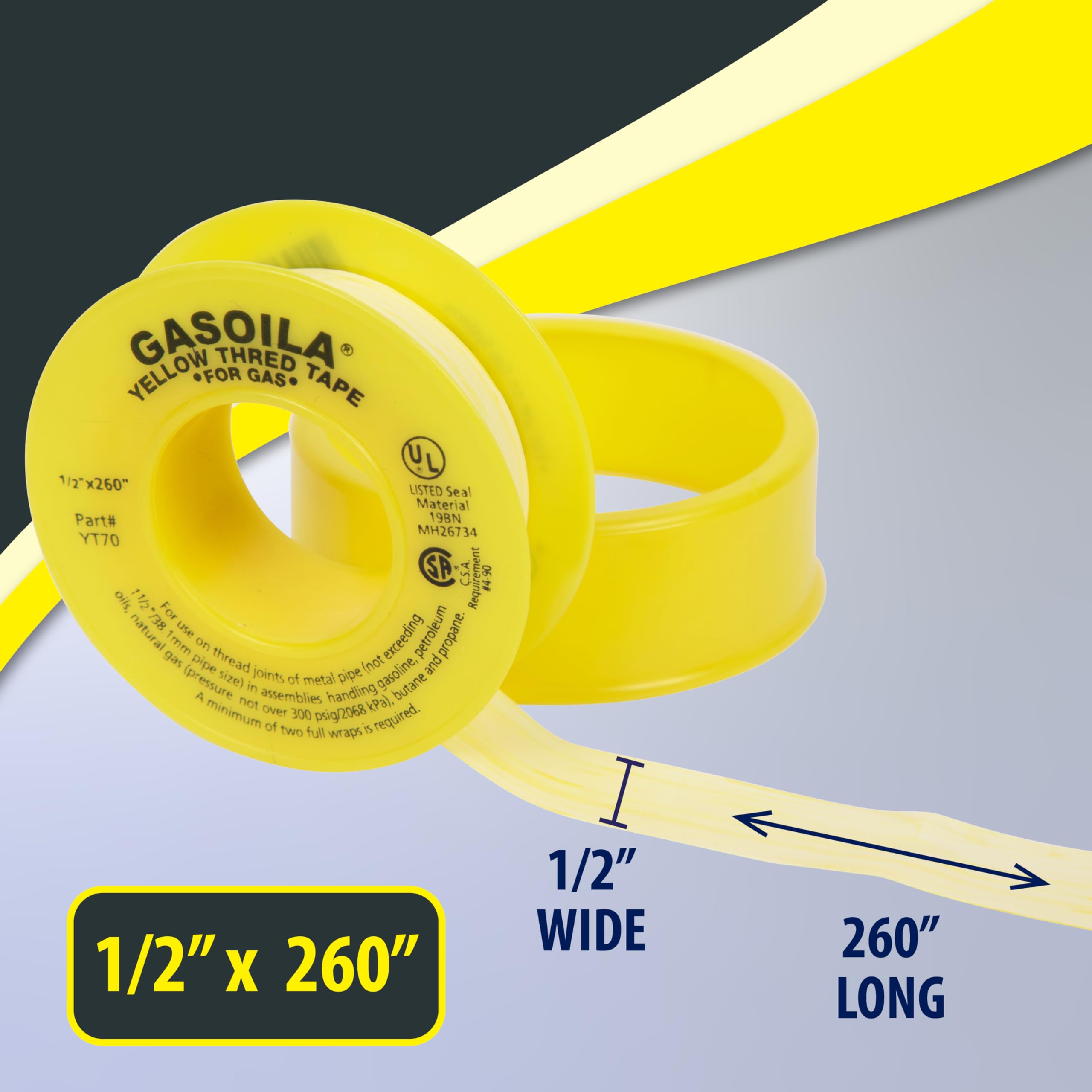 Gasoila PTFE Yellow Thread Seal Tape – Professional-Grade, 1/2 Inch x 260 Inch, High-Density Thread Tape for Gas Lines– Leak-Proof Seal, Non-Toxic