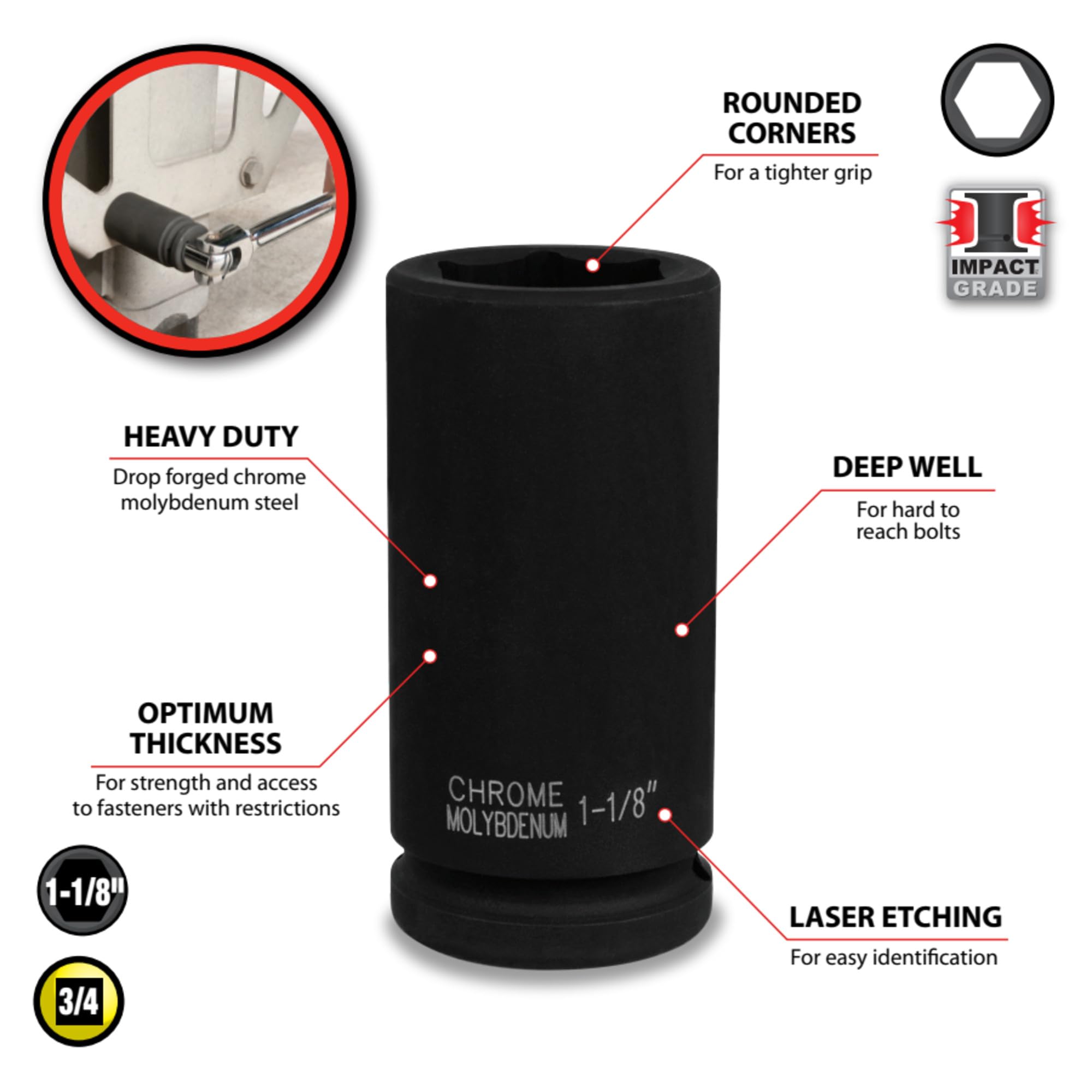 M742-36 Performance Tool 3/4-Inch Diameter 1-1/8-Inch Deep Wall Impact Socket