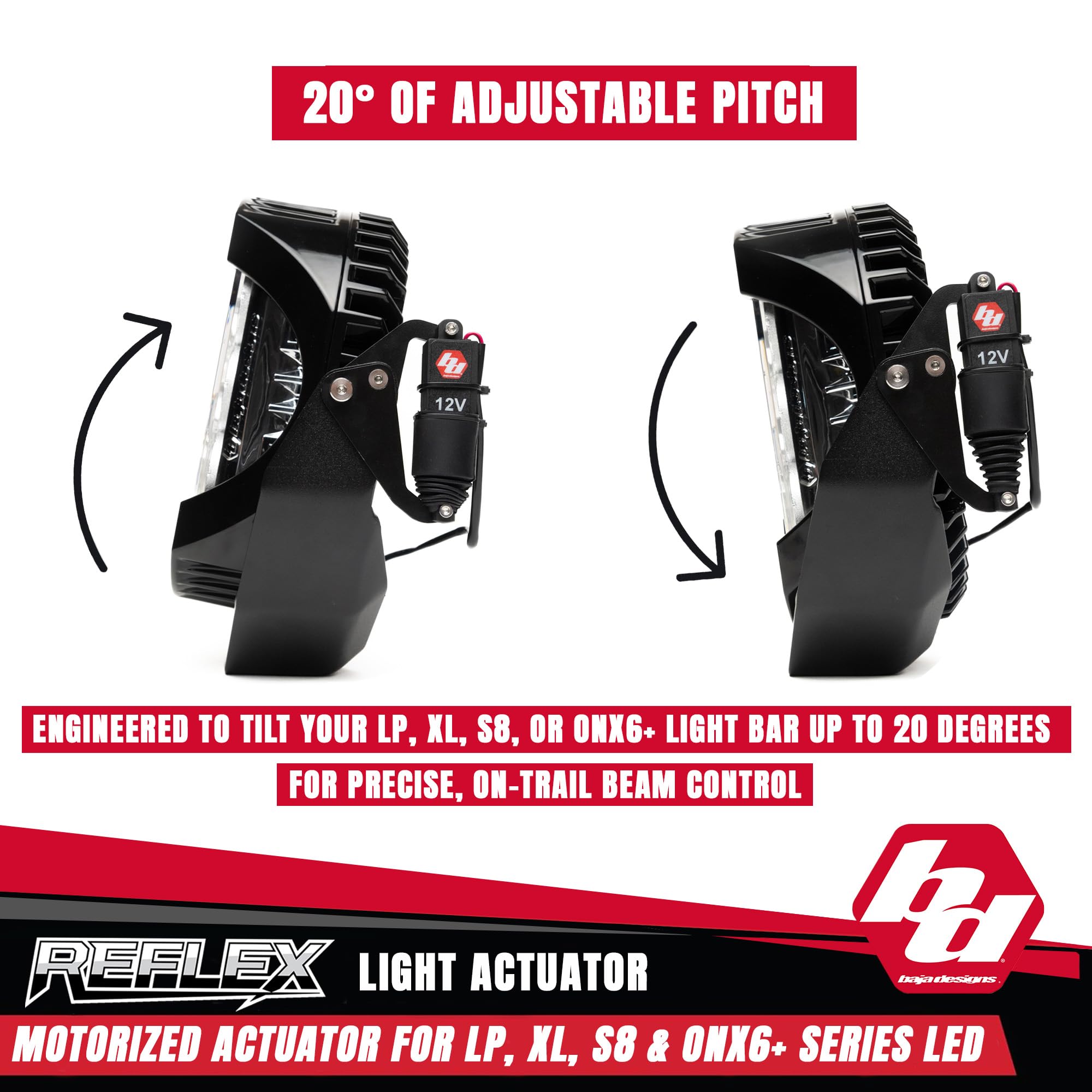 Baja Designs Light Reflex Actuator Kit for 10-Inch S8 Series LED Light Bar - Motorized Pitch Adjustment Up to 20°, Low-Profile Bolt-On Mount, Waterproof Construction (Single Actuator)