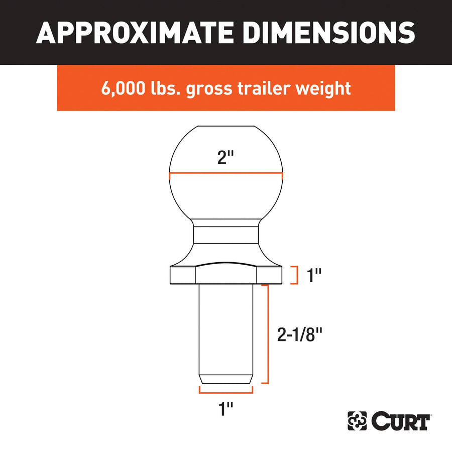 CURT Chrome Trailer Hitch Ball 40033, 6,000 lbs, 1-Inch Rise, 2-Inch Diameter, 1 x 2-1/8-Inch Shank