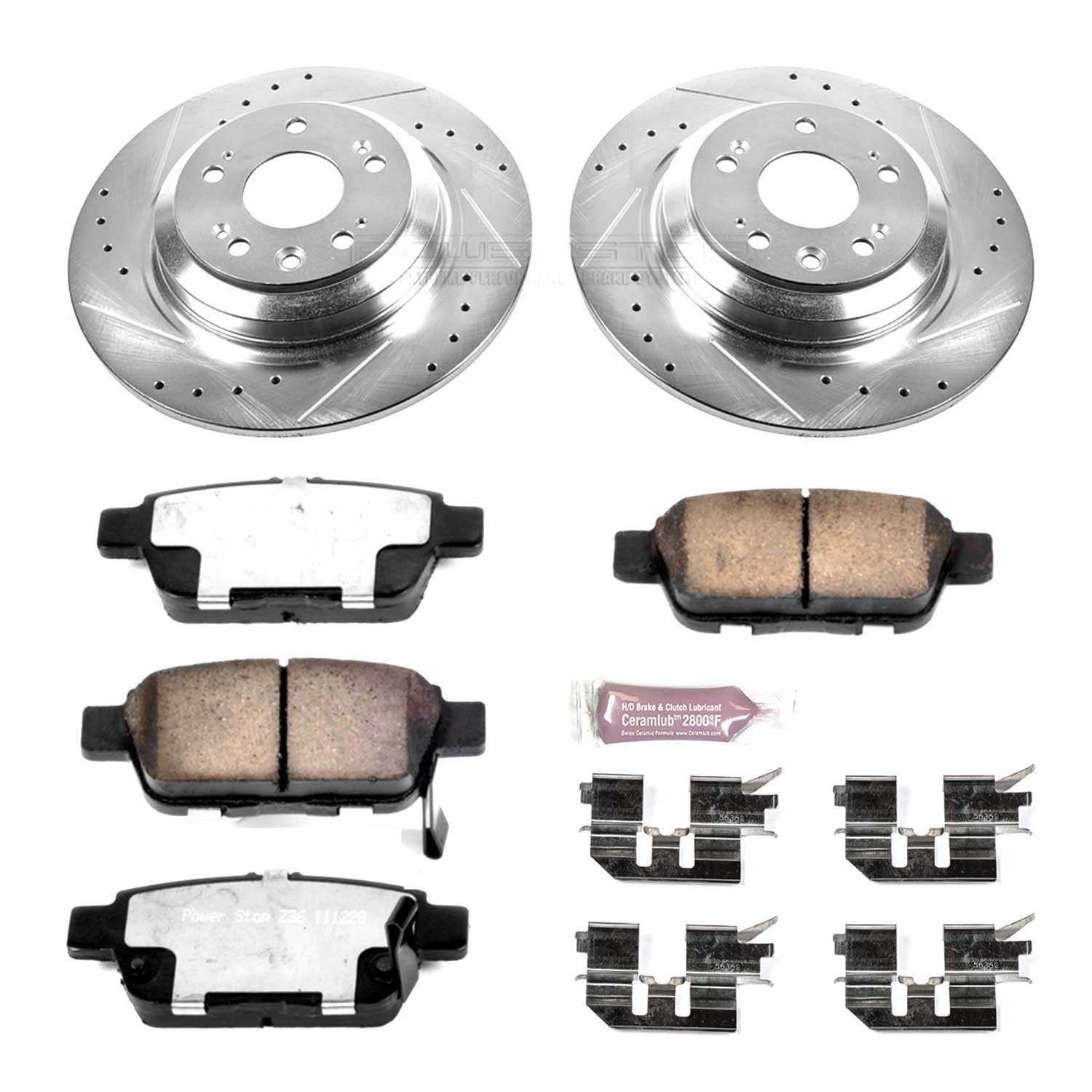 Rear Brake Kit Power Stop For 2009 2010 2011 2012 2013 2014 Acura TL - Truck & Tow Carbon Fiber Ceramic Brake Pads & Drilled and Slotted Rotors Replacement, K5854-36