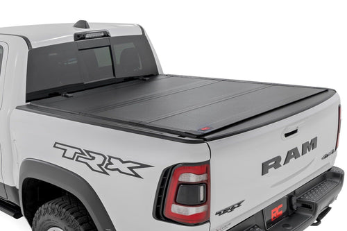 Rough Country Hard Tri-Fold Truck Bed Flip Up Tonneau Cover for Dodge Ram 1500 (2019-2025) TRX (2021-2025) - Flush Aluminum Bed Cover, Fits 5'7" (66.7") Bed