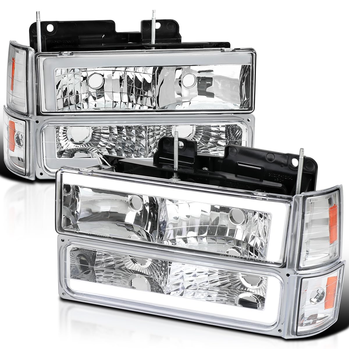 Chrome LED Tube Headlights + Bumper Parking + Corner Lights SPEC-D TUNING Compatible with 1994-1998 GMC C10 Pickup Sierra Suburban Yukon Left + Right Pair Assembly