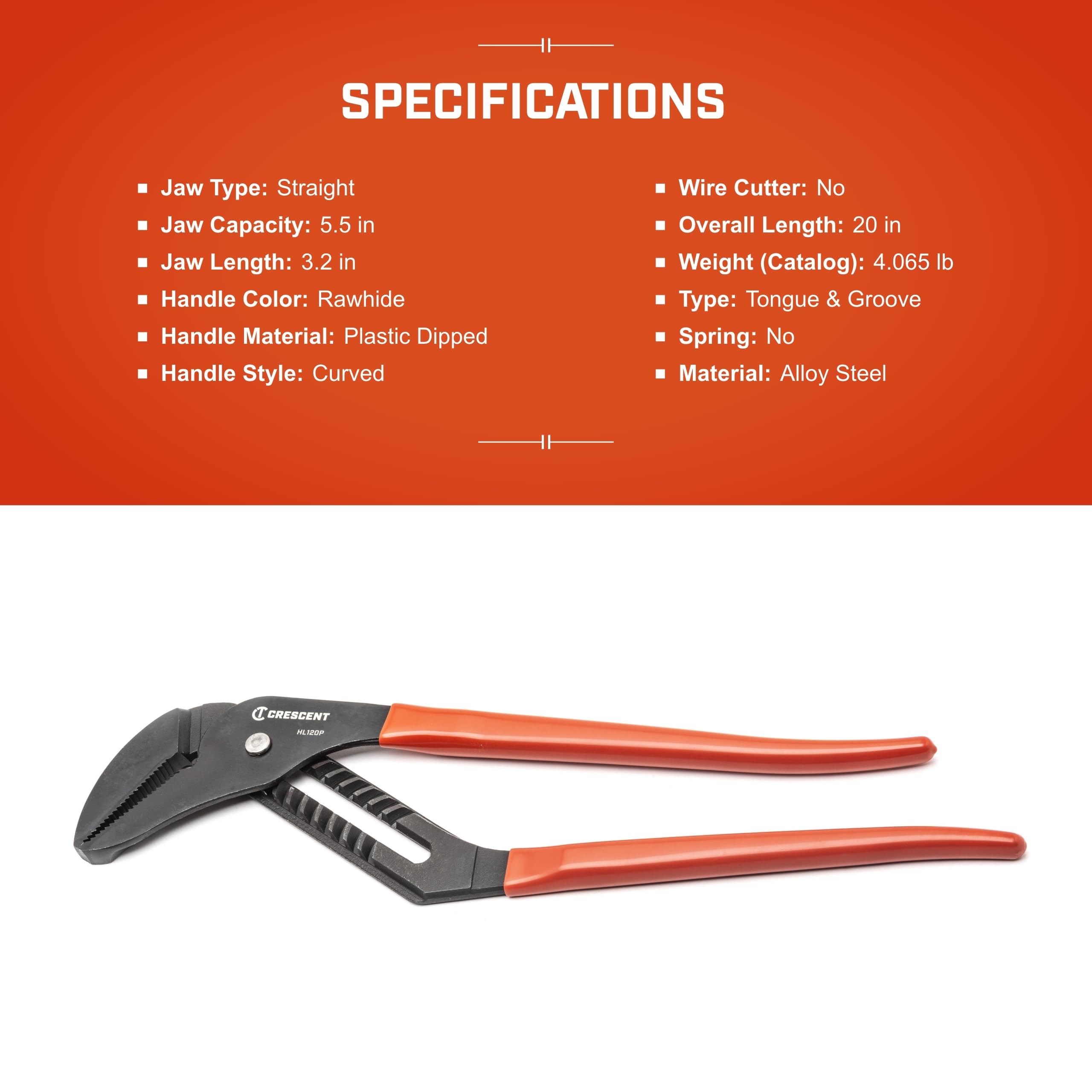 Tongue & Groove Crescent Plier - Straight Jaw 20 Inch