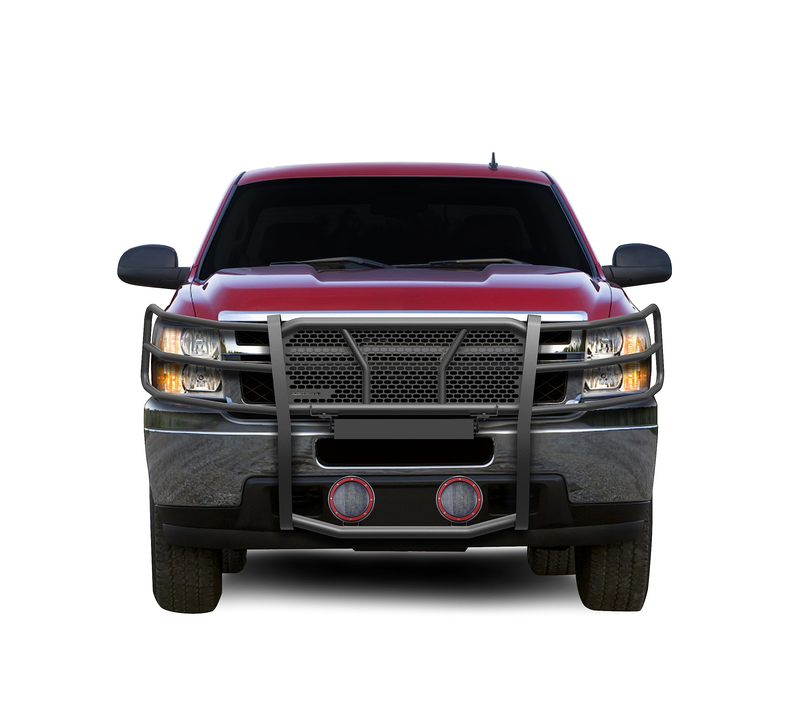 Heavy Duty Black Horse Rugged Grille Brush Bumper Guard Modular Black Come with Pair of 5.3" Dia.LED Lights with Red Trim Rings Compatible with 2007-2013 Chevrolet Silverado 1500-RU-CHSI07-B-PLFR