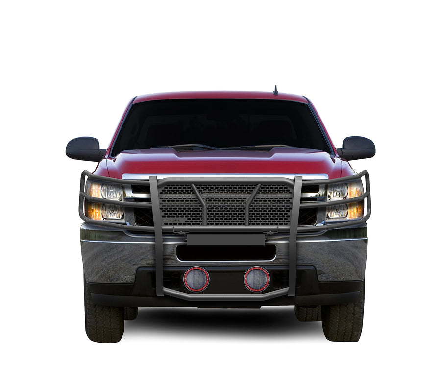 Heavy Duty Black Horse Rugged Grille Brush Bumper Guard Modular Black Come with Pair of 5.3" Dia.LED Lights with Red Trim Rings Compatible with 2007-2013 Chevrolet Silverado 1500-RU-CHSI07-B-PLFR