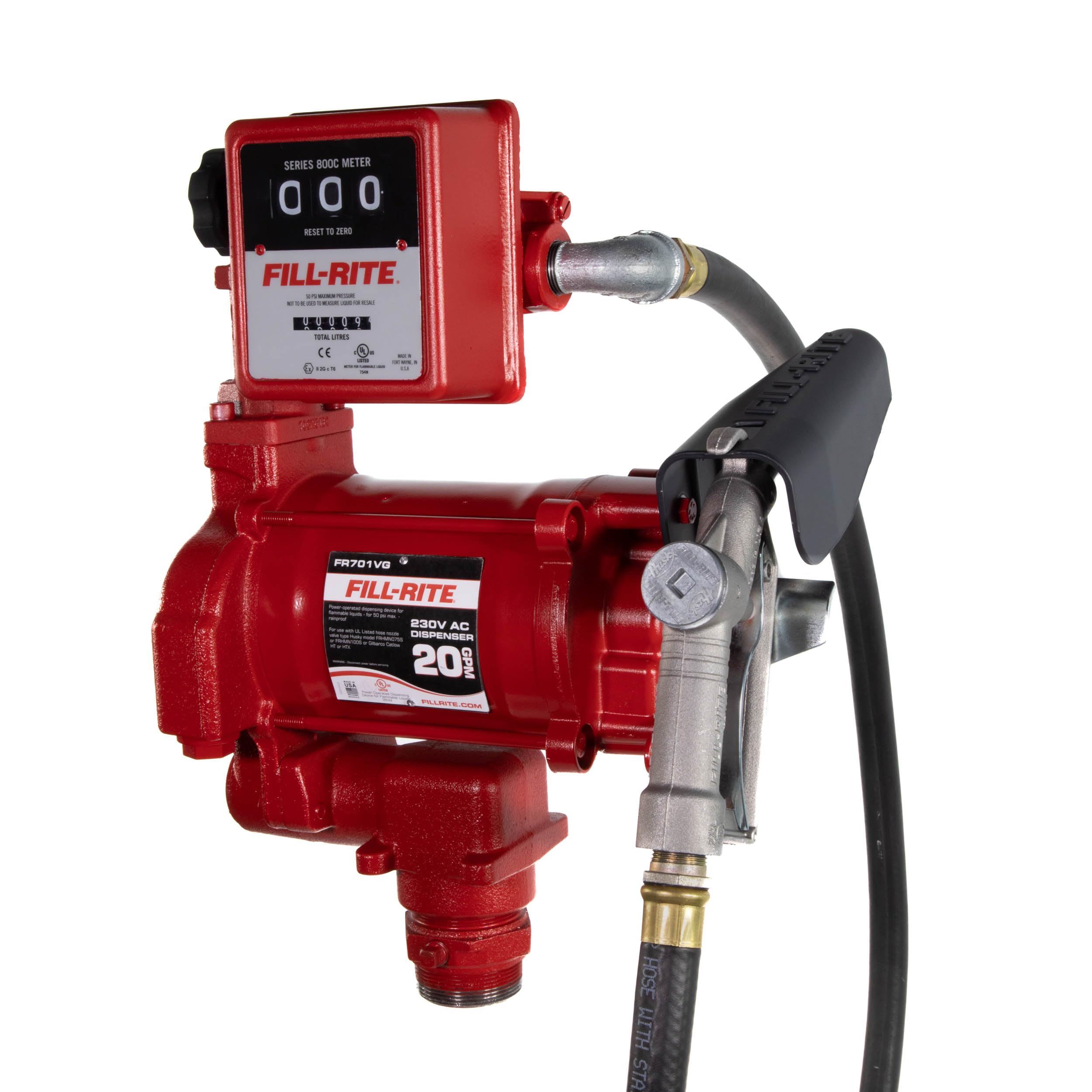 Fill-Rite 220V FR701VGL AC Pump, 3/4"x12' Hose, 1" Manual Nozzle, 807CL Meter Liter