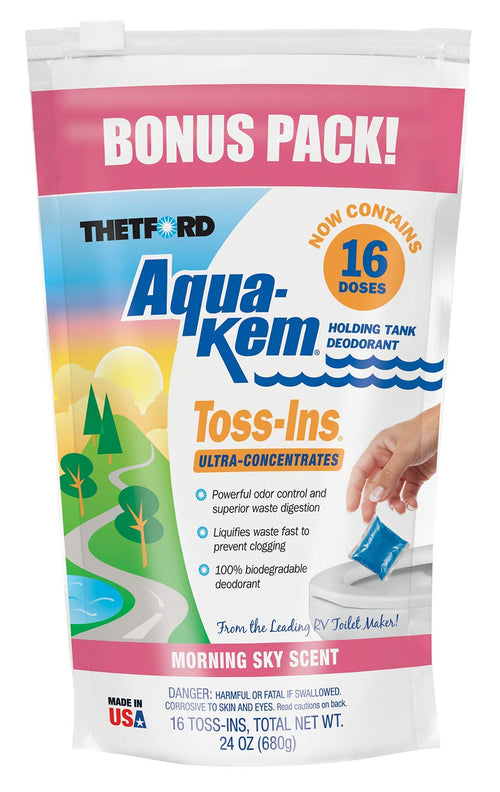 Aqua-KEM Toss-Ins Morning Sky RV Holding Tank Treatment - Deodorant/Waste Digester/Detergent - Pack of 16 - Thetford 96570