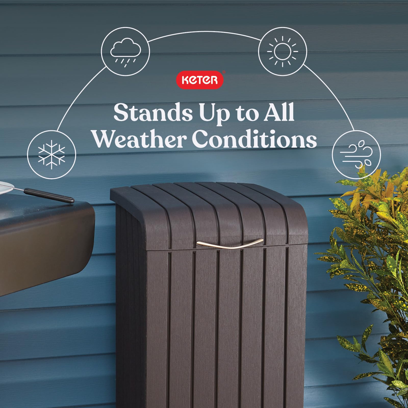 Keter 32 Gallon Copenhagen Resin Large Trash Can with Lid for Patio and Outdoor Kitchen, Brown