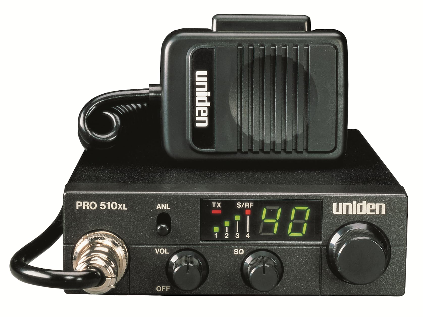 Pro Series Uniden PRO510XL 40-Channel CB Radio. Compact Design. Backlit LCD Display. Public Address. ANL Switch and 7 Watts of Audio Output. Unique PLL Circuit. S/RF LED Meter. , Black
