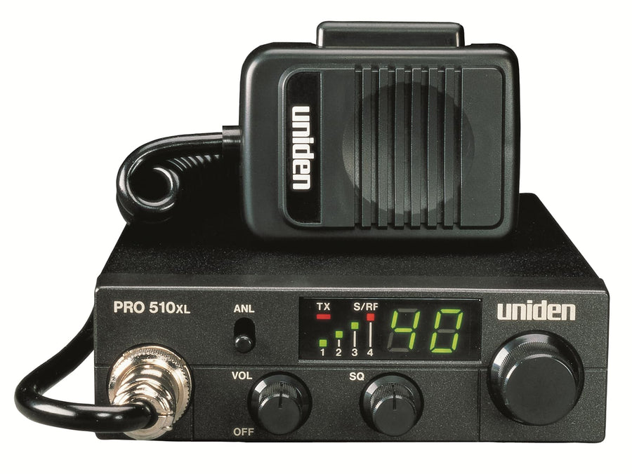 Pro Series Uniden PRO510XL 40-Channel CB Radio. Compact Design. Backlit LCD Display. Public Address. ANL Switch and 7 Watts of Audio Output. Unique PLL Circuit. S/RF LED Meter. , Black
