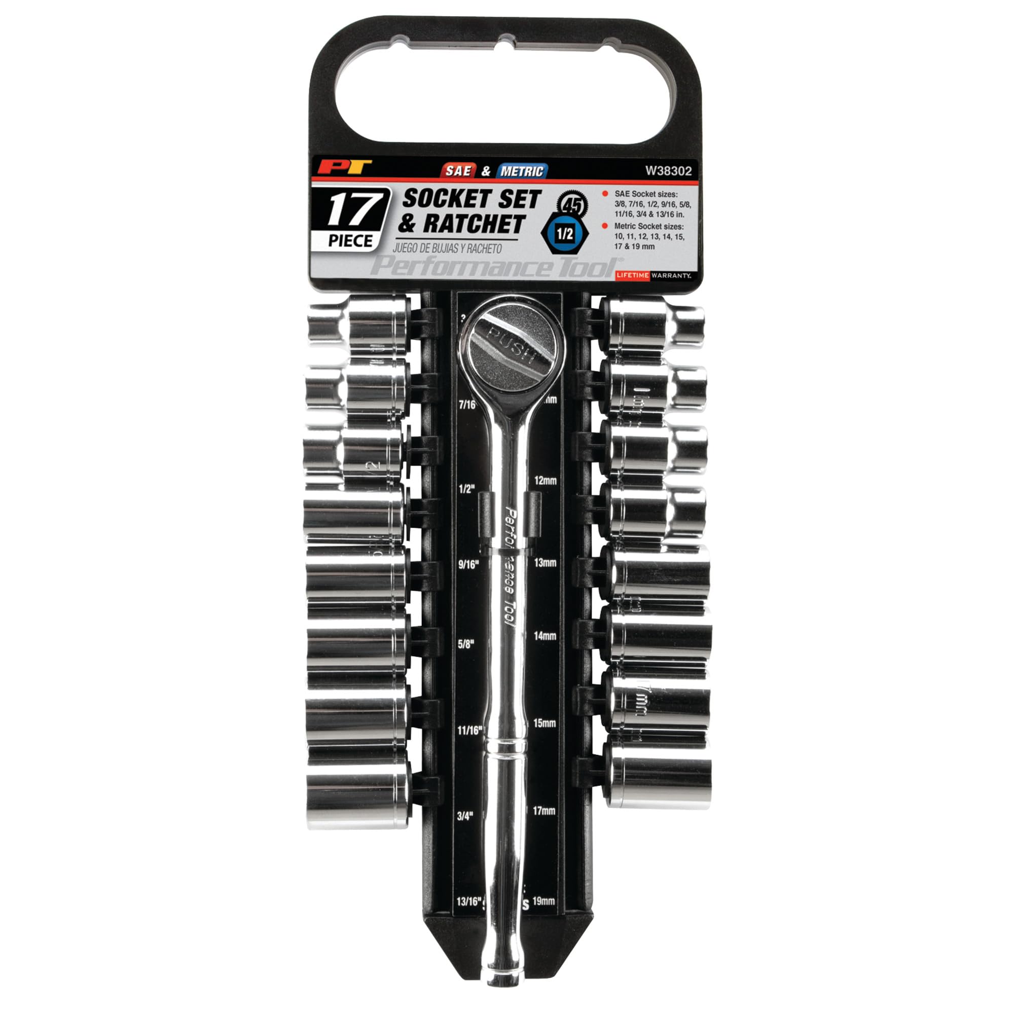 W38302 Performance Tool 17 Piece 1/2-Inch Drive SAE and Metric 6 Point Socket Set with Ratchet