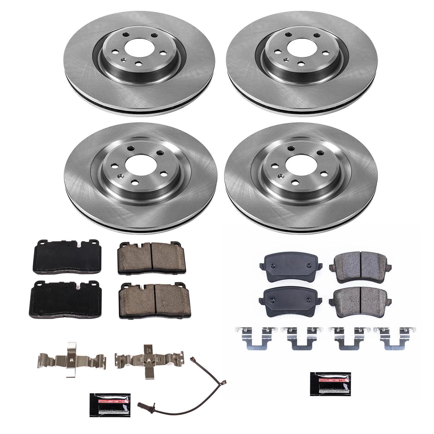 Power Stop KOE7097 Front and Rear Replacement Brake Kit-OE Brake Rotors & Ceramic Brake Pads and 1 Front Sensor Wire
