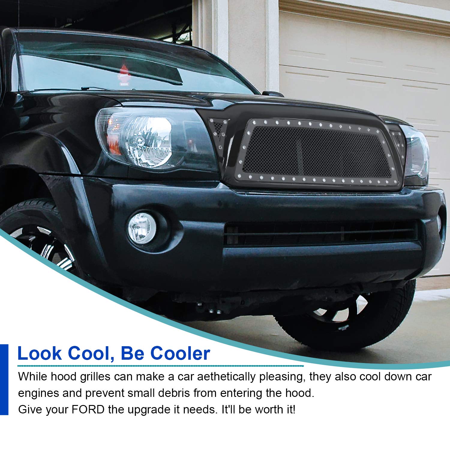 Glossy Black ABS Rivet Mesh Style Front Hood Grille Spec-D Tuning Compatible with 2005-2011 Toyota Tacoma