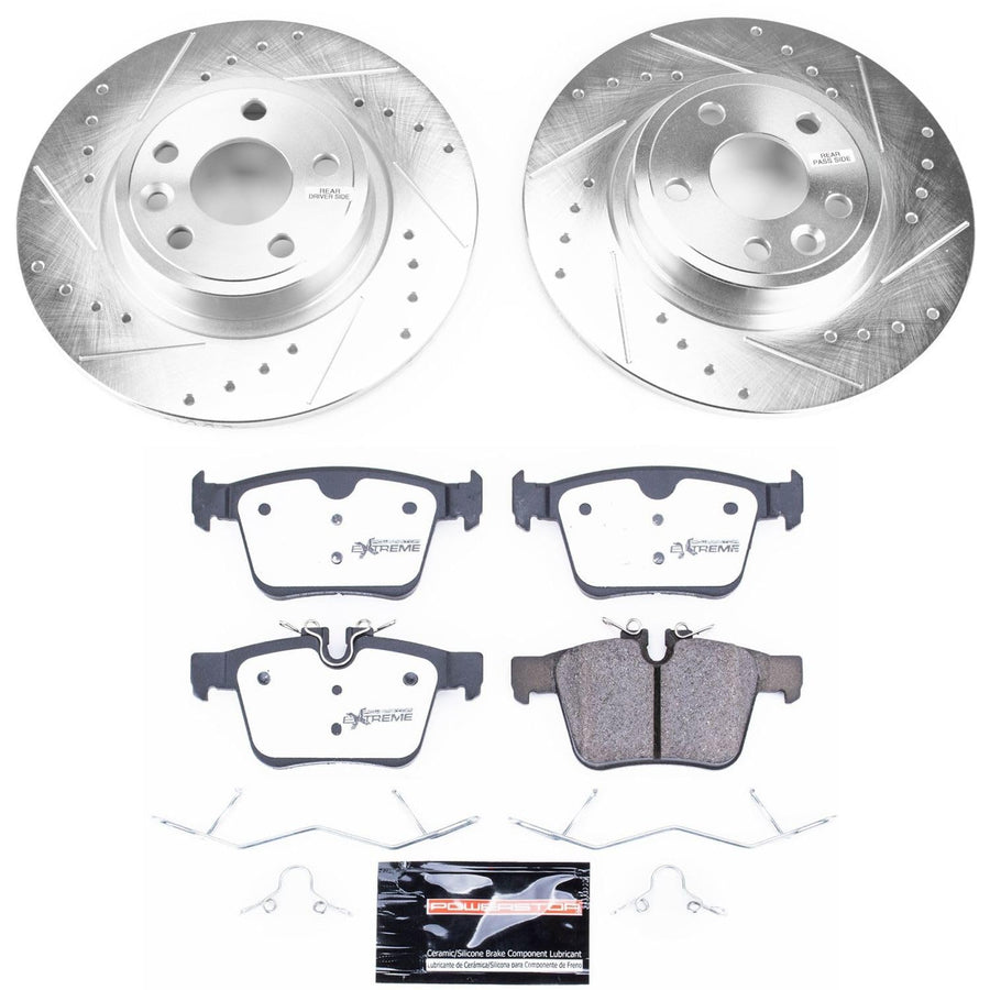 Rear Brake Kit Power Stop For 2015 2016 2017 Land Rover Discovery Sport - Truck & Tow Carbon Fiber Ceramic Brake Pads & Drilled and Slotted Rotors Replacement, K7995-36