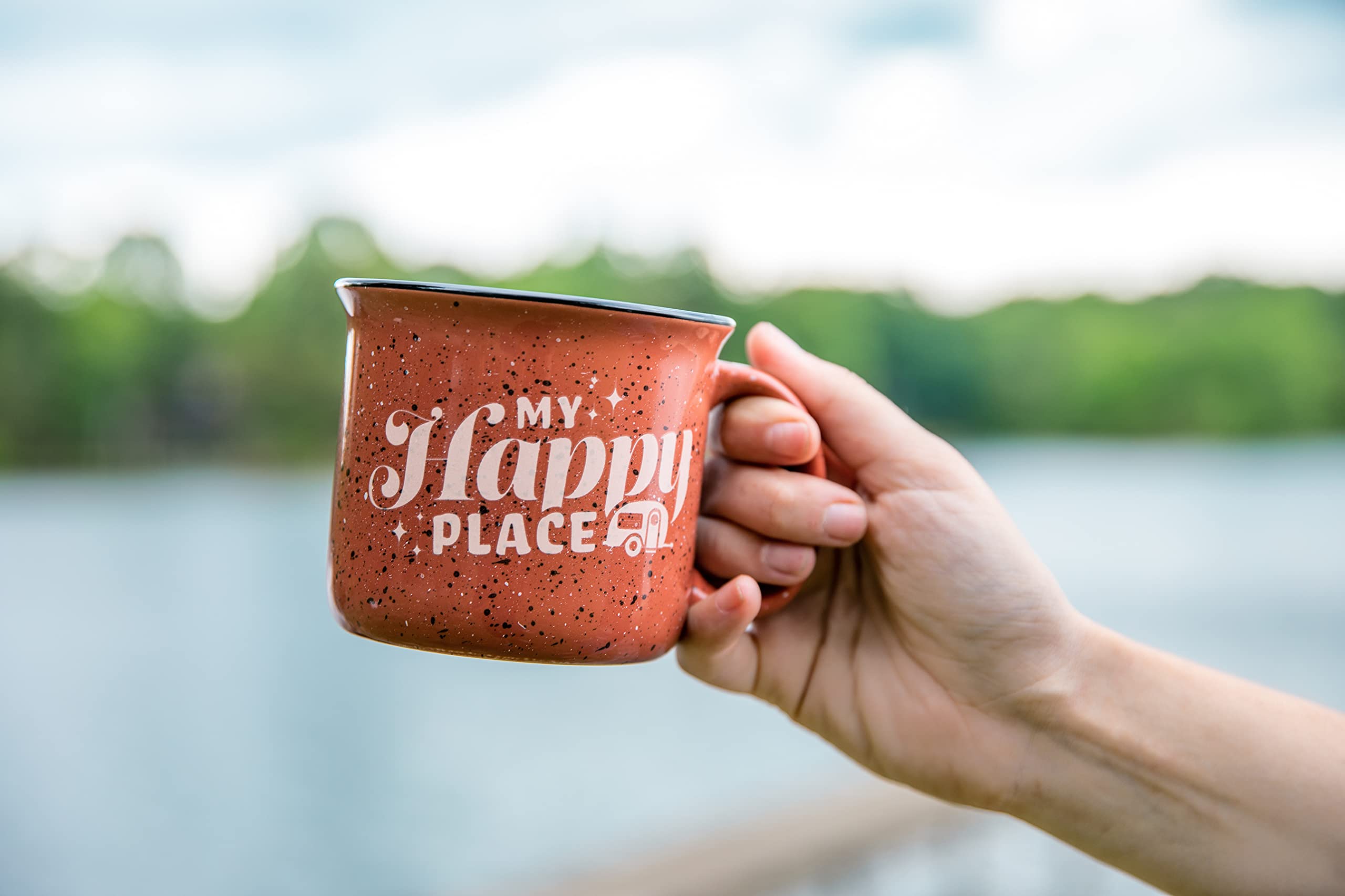 Camco Ceramic Coffee Mug - Life is Better at The Campsite - Microwave and Dishwasher Safe - Features Red Background with Retro RV My Happy Place Design - Coffee Cup Holds 14oz. (53472)