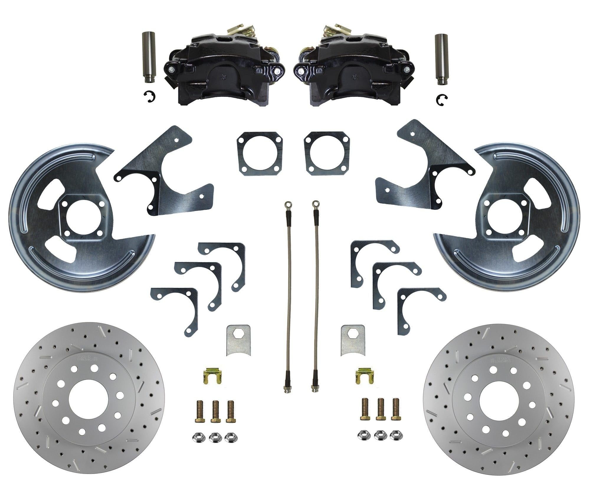 Rear Disc Brake Conversion Kit LEED BRAKES - Maxgrip Xds - Black Powder Coated Calipers - Gm 10 and 12 Bolt Axles 5 X4.75 Non Staggered Shocks