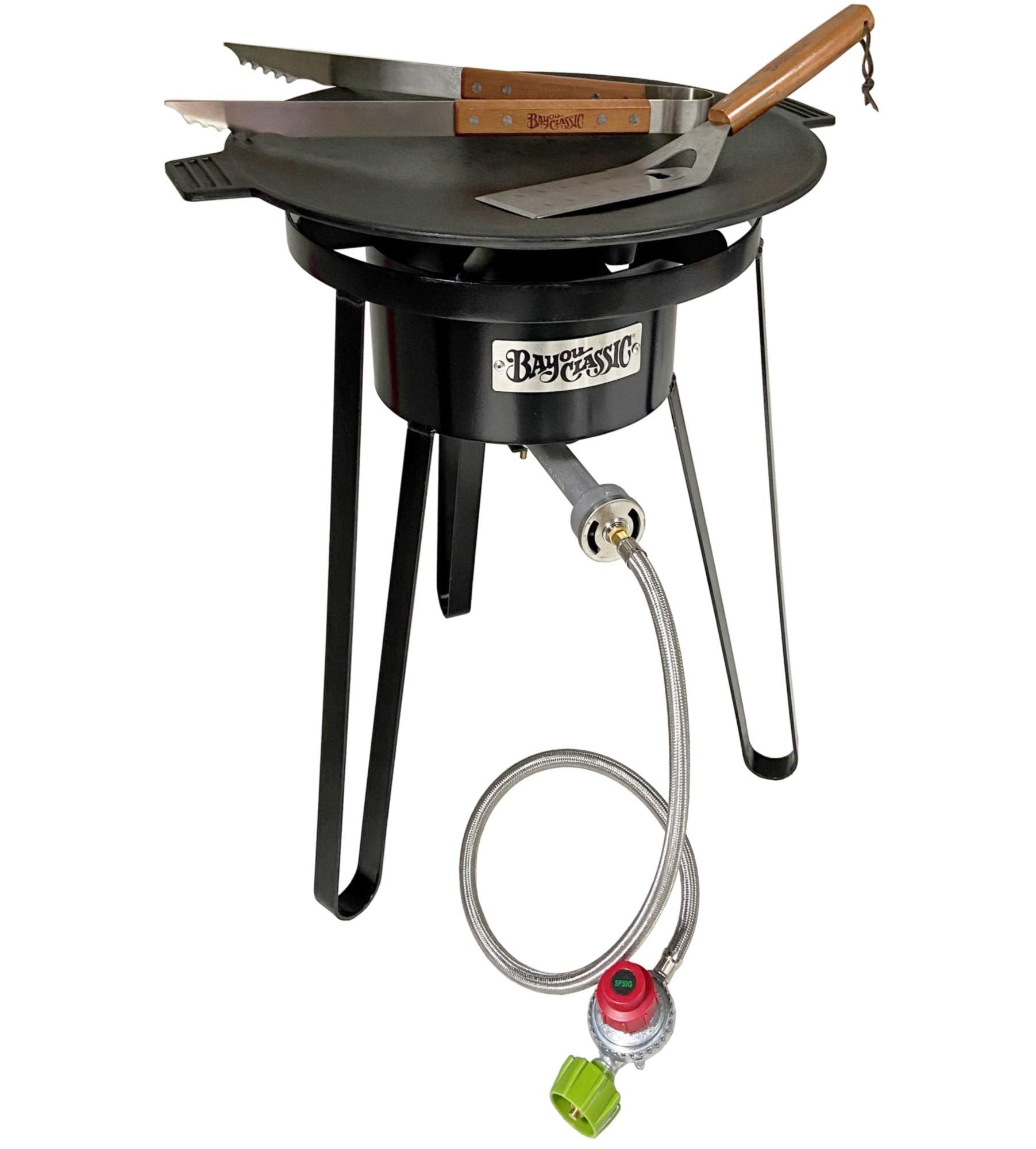 Bayou Classic B178 Discada Cooker Set Campers Perfect for Outdoor Skottle Cooking Features 17-in Diameter Cook Top 4-in Cast Aluminum Burner 21-in Tall Welded Frame Stainless Tongs & Stainless Spatula