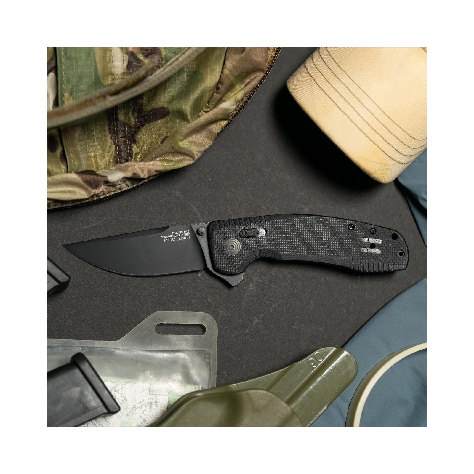 SOG TAC XR Folding Knife | 3.4" D2 Tool Steel Blade & Ultra-Grip G10 Handle | Ambidextrous Single-Handed Use, Blackout
