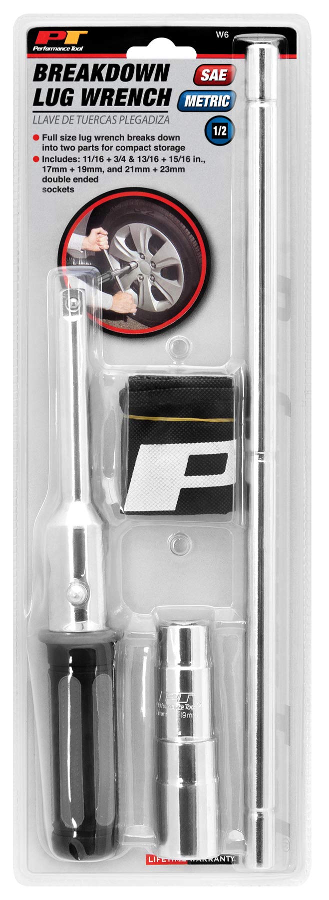 W8 Performance Tool Collapsible Lug Wrench - Heavy Duty Heat Treated Steel, Compact Storage, Double Ended Sockets, Nylon Pouch Included, 1/2-Inch Drive