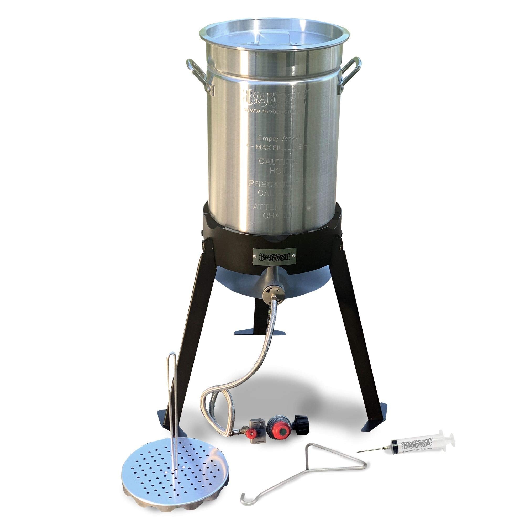 30-qt Bayou Classic Aluminum Turkey Fryer Kit Features w/ Lid Lift Hook and Rack 1-oz Seasoning Injector 12-in Fry Thermometer 19-in Tall Steel Cooker w/ 4-in Burner