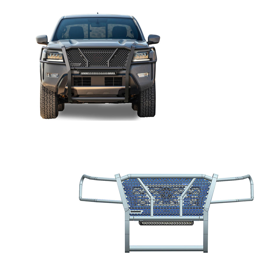 Heavy Duty Black Horse Rugged Grille Brush Bumper Guard Modular Black Come with Single Row LED Light Compatible with 2022-2024 Nissan Frontier-RU-NIFR22-B-K2