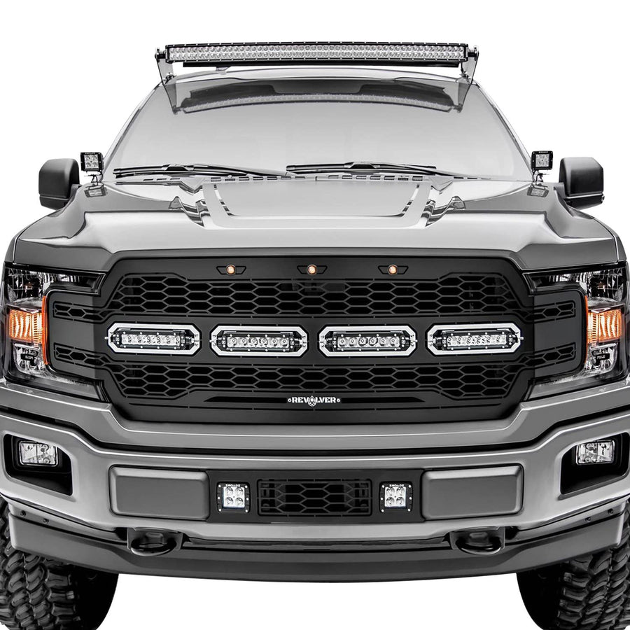 T-Rex Grilles Revolver Grille 2018-2020 F-150, Black, 1 Pc, Replacement with (4) 6 Inch LEDs, Does Not Fit Vehicles with Camera - PN #6515841