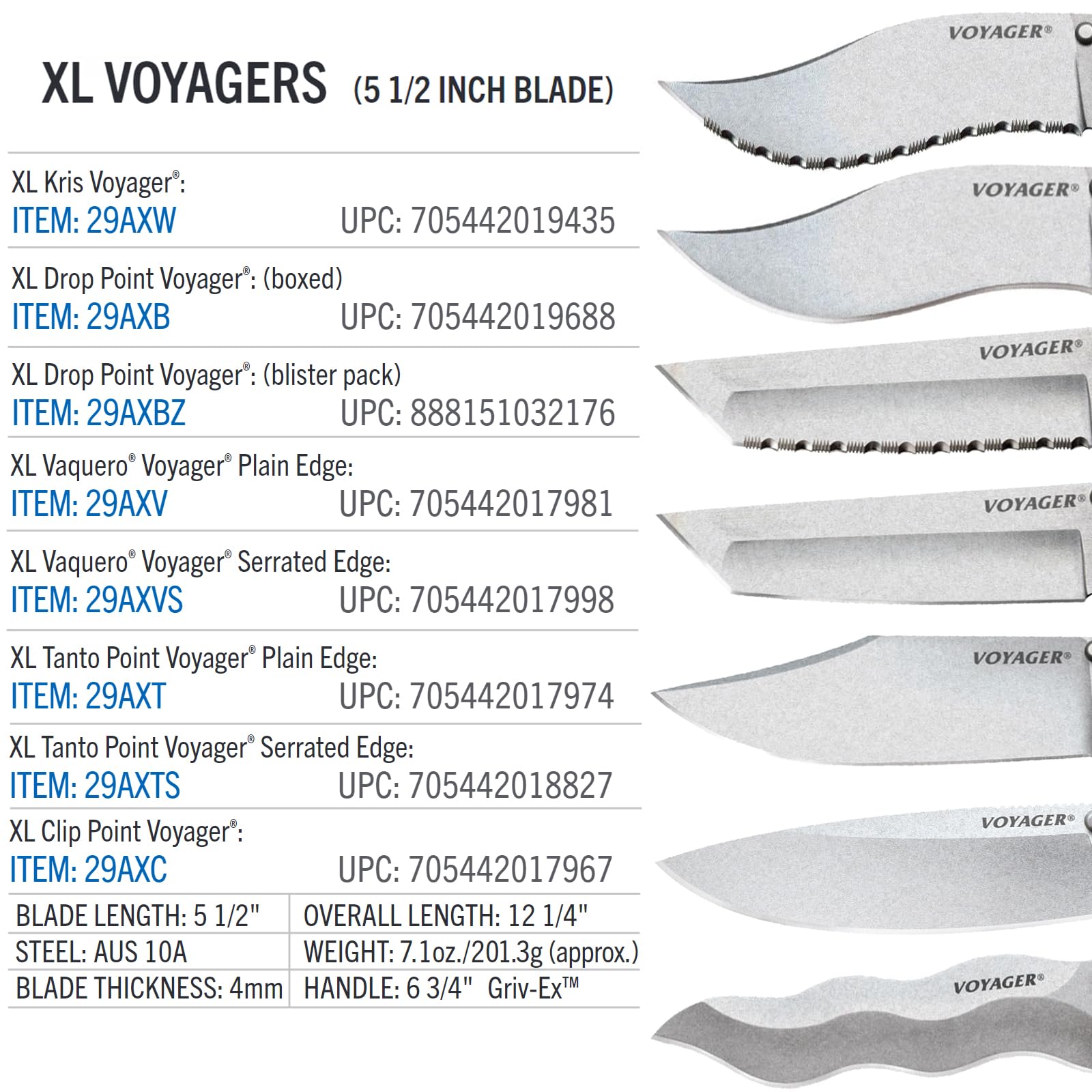 Cold Steel Drop Point Extra Large Voyager / 12 1/4" Overall / 5 1/2" Blade / 4MM Thick / 6 3/4" Long GRIV-EXHANDLE / AUS10A Steel/Ambi Belt Clip/Blister Packed,Black