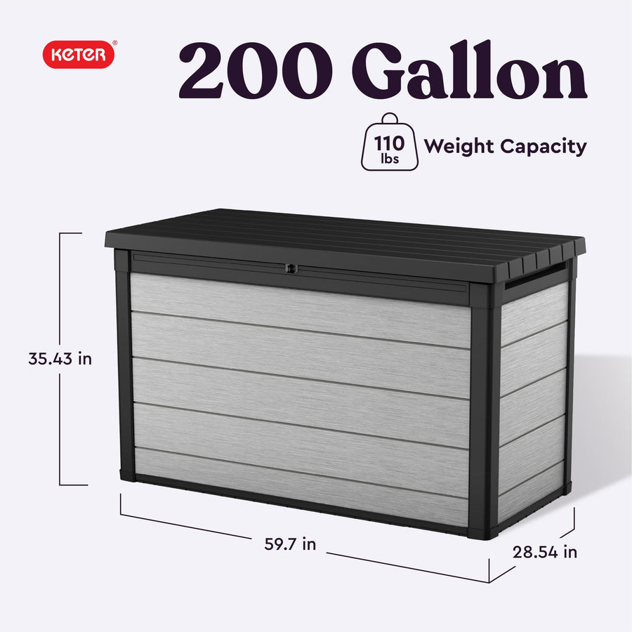 Keter 200 Gallon Denali Resin Large Deck Box with Double Wall 20mm Panels - Paintable and Drillable-Organization and Storage for Patio Furniture and Outdoor Items, Grey & Black