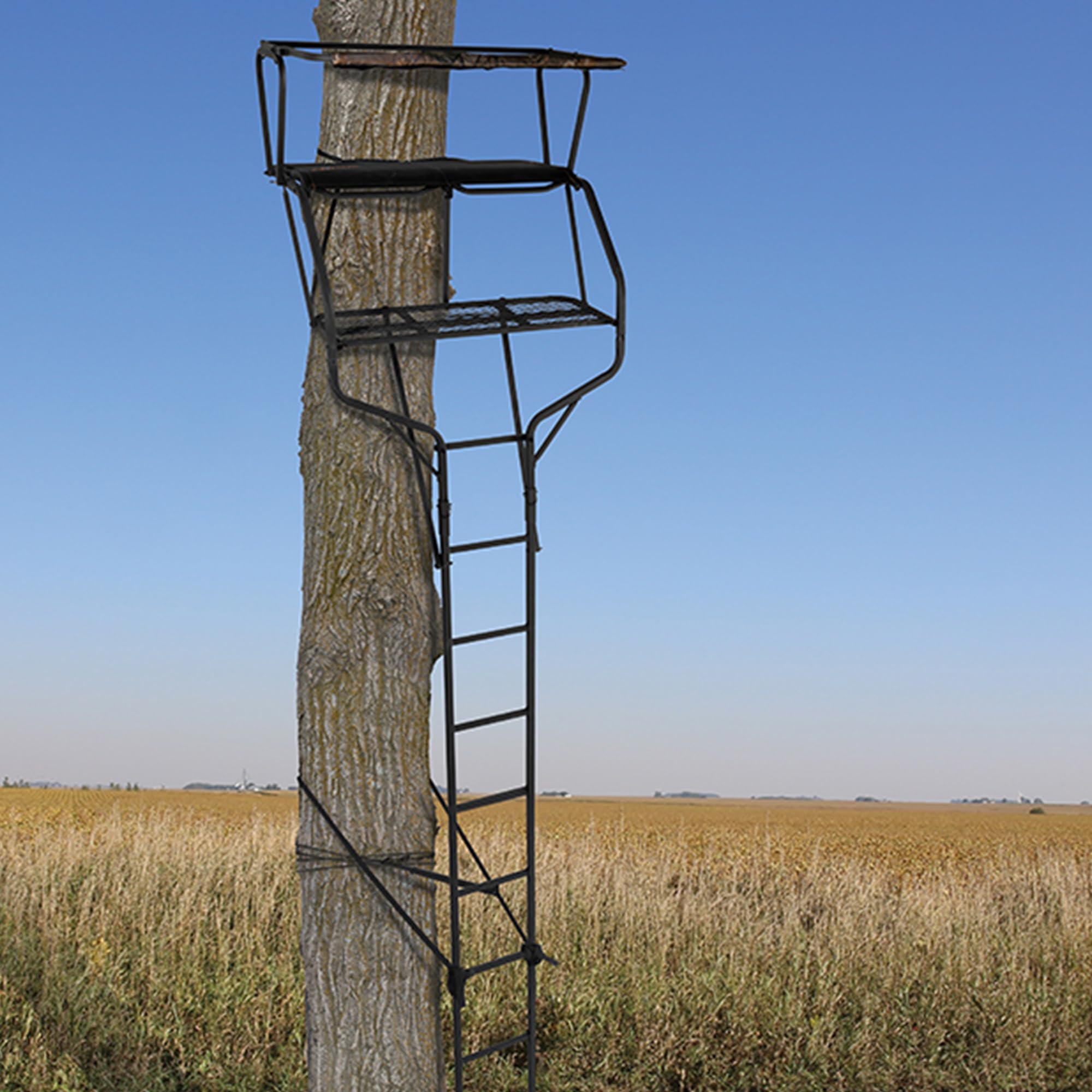2-Person Big Game Ladder Tree Stand For Hunting Deer with Seats, 18' Tall, Camo/Black - Adjustable Climbing Treestand with Platform and Safety Harness for Shooting
